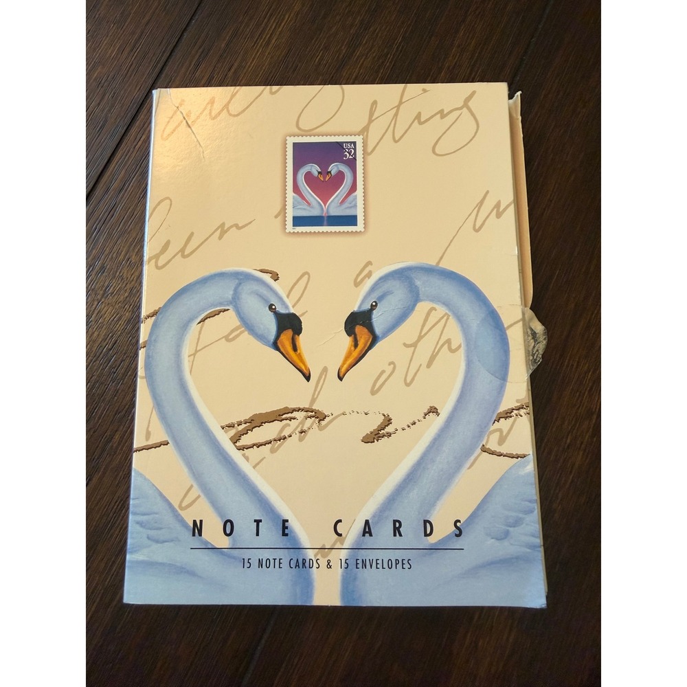 Vintage 1997 USPS Swan Note Cards Set 15ct Love Stamp Stationery Heart Swans